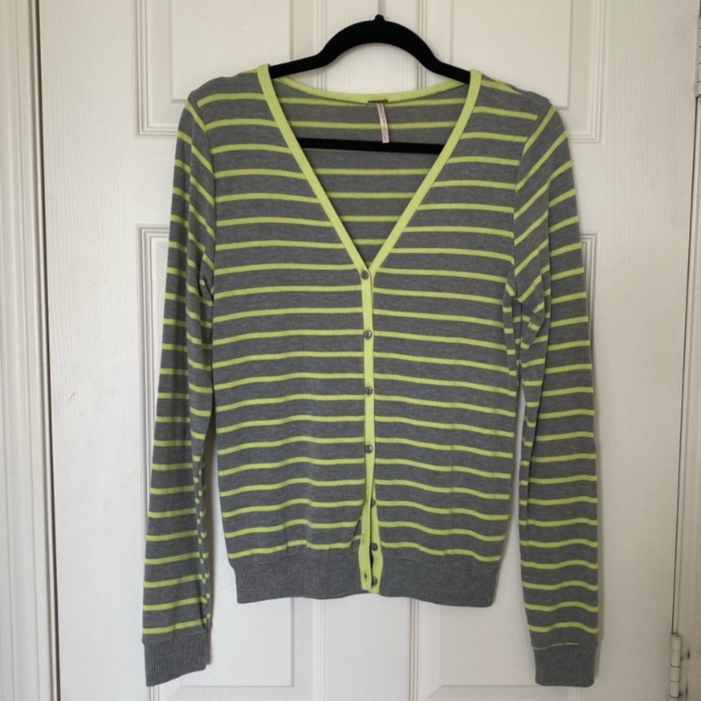 Gray and Lime Striped V-Neck Button Cardigan